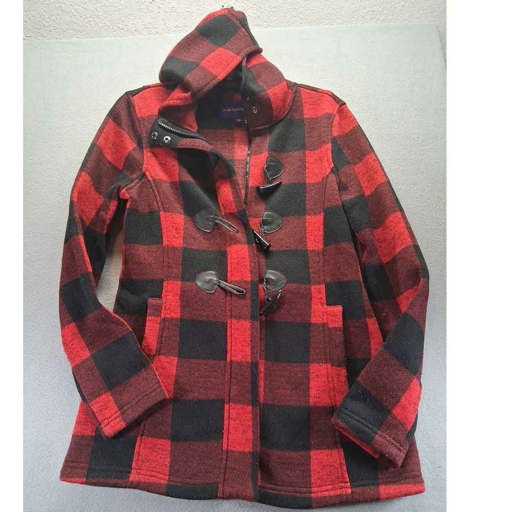 MADDEN Girl Duffle Pea COAT Fleece Jacket Plaid Checkered Black Red  Sz Medium M